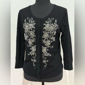 Cable&Gauge S Black Cardigan with Floral Beaded Embroidery 833